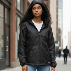 Eddie Bauer Womens Puffer Black Stadium Coat Hood Faux Fur Lined Jacket Zip Up-L